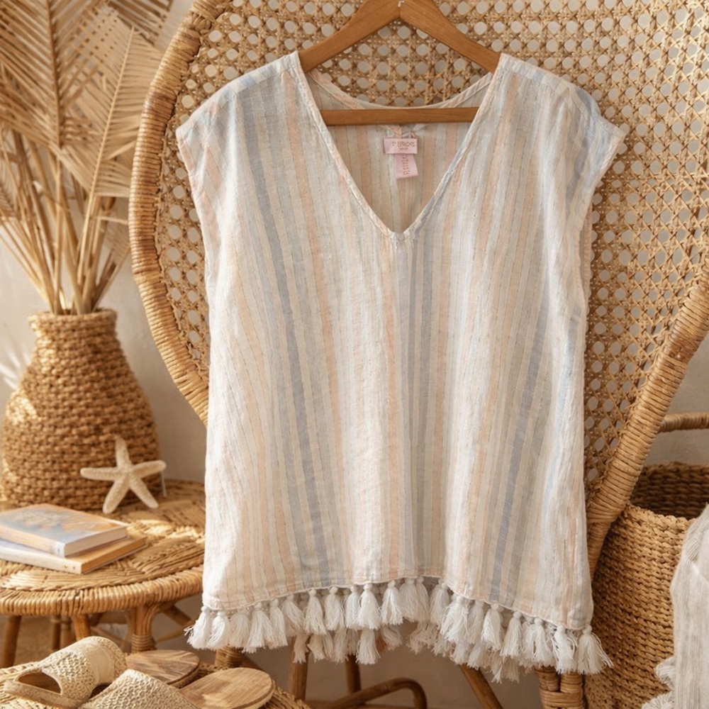St. Tropez Linen Blend Striped Tassel Fringe Top Coastal Boho Blouse S